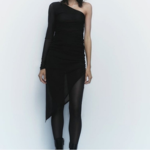 New Zara Elastic High-Waist Unlined Tulle Mesh Black Leggings NWOT Small - Picture 2 of 7